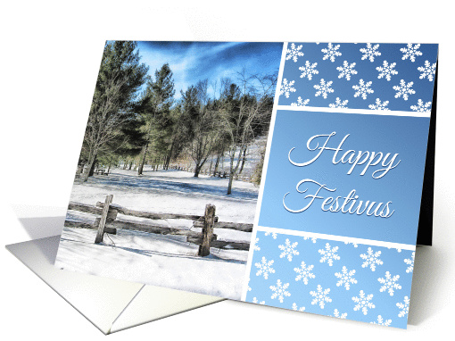 Happy Festivus Card With Evergreen Trees and Snowflake Design card