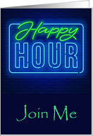 Happy Hour Invitation For Drinks With Green And Blue Neon Sign card