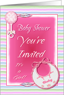 Shower Invitation Baby Girl Bib And Rattle card