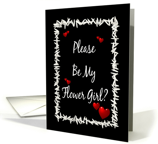 Be My Flower Girl-Sister-Red Hearts and Rice on Black Background. card