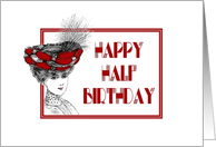 Happy Half Birthday-Victorian Lady In Red Hat-Old Fashion card