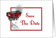 Save The Date-Victorian Lady In Red Hat-Old Fashion card