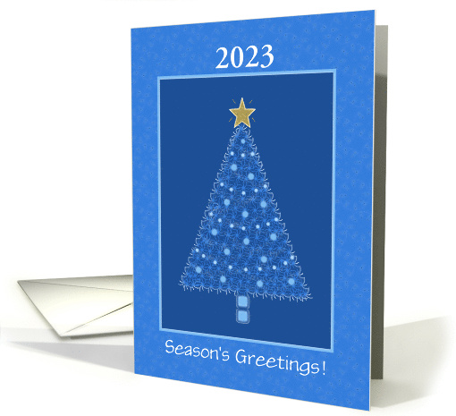 Season's Greetings Christmas Tree Blue Gold Ornaments Year 2023 card