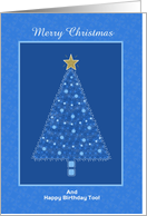 Blue Holiday Tree-Gold Star-Christmas Tree-Birthday On Christmas card