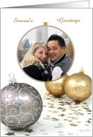 Season’s Greetings Silver And Gold Ornaments With Photo card