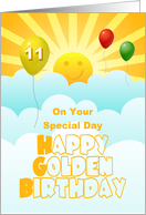 Golden Birthday Age 11 Happy Face Sunshine With Balloons In Clouds card