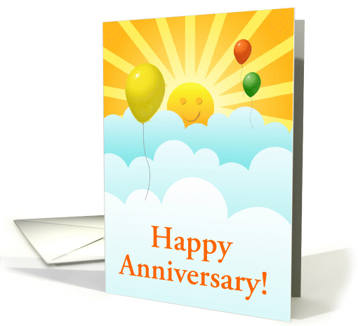 Happy Anniversary Sunshine Happy Face With Balloons In Clouds card