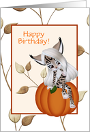 Halloween Birthday With Girl In Leopard Costume Sitting On Pumpkin card