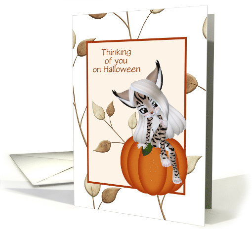 Thinking Of You On Halloween Girl In Leopard Costume On Pumpkin card