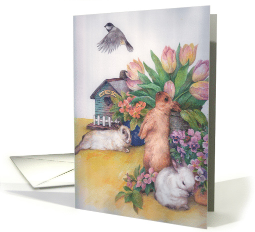 Easter Bunny with Birdhouse & Spring Floral card (386576)