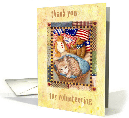 Thank You For Volunteering Tabby Cat With Teddy Bear Illustration card