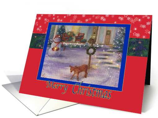 Cozy Xmas Cottage Winter Snowman & Deer card (875504)