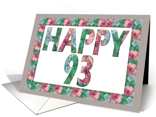 HAPPY 93 Birthday, Illuminated Fonts, Rose border card (885700)