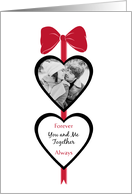 You and Me Two Photo Hearts on a Red Bow Valentine card