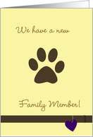 New pet adoption paw print announcement card