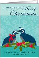 Engaged Couple First Christmas Together Quail Birds and Holly on Aqua card