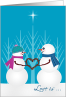 Engaged Couple First Christmas Together Snowman Sweethearts and Star card