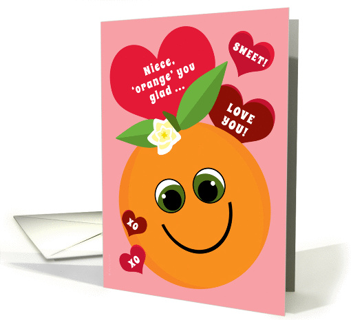 Niece Valentine's Day Funny Smiling Orange with Red Hearts Pink card