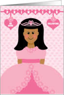 Princess Valentine Young Girl Dark Hair Pink Roses Valentine’s Day card