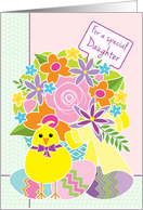 Daughter Happy Easter Yellow Chick and Basket of Spring Flowers card