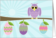Purple Easter Owl on a Tree Branch with Decorated Chevron Stripe Eggs card