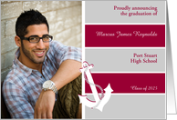 High School Graduation Photo Announcements Anchor Nautical Red Gray card