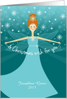 Customizable Name Christmas Wish Fairy with Red Hair on Aqua and Blue card