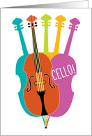 Cello Hello Cute and Funny Cellos in Purple Gold Green and Teal card