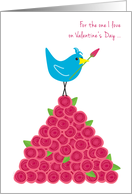 Valentine’s Day for the One I Love Blue Bird on Pile of Red Roses card