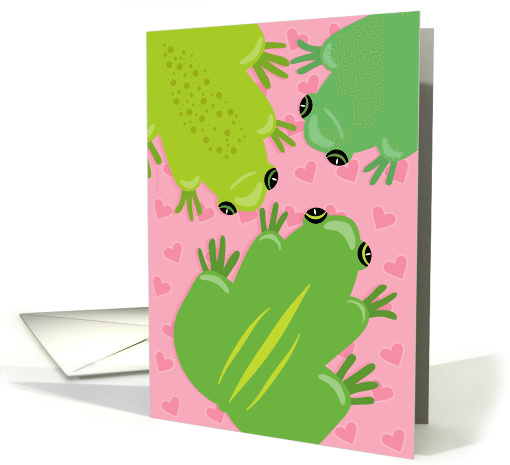 Cute Frog Valentine Three Green Frogs on Pink Heart Background card