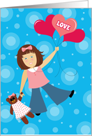 Valentine’s Lifted by Love Girl Toy Bear Flying in Sky with Balloons card