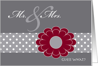 Elopement Announcement Red Flower on Gray with Dotted Ribbon Look card