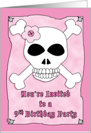 Birthday Party 9 Invitation Pirate Skull Crossbones Pink card