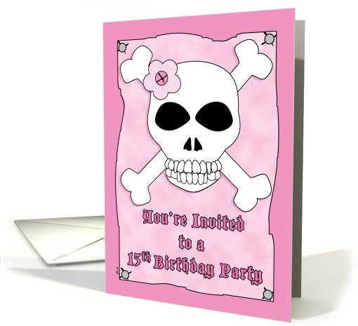 Birthday Party 15 Invitation Pirate Skull Crossbones Pink card