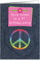 9th Birthday Party Invitation, Peace Sign on Denim Pocket card