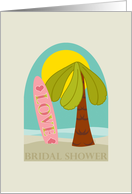 Beach Party Bridal Shower Invitation with Palm Tree and Surfboard card