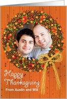 Thanksgiving Photo Card Wreath on Knotty Pine Paneling Retro Kitsch card