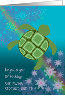 Birthday 15 for Girl Sea Turtle Swimming with Flowers and Rainbow card