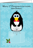 Baby’s First Christmas Godson with Penguin on an Ice Cube on Blue card