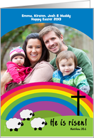 Easter He is Risen Matthew 28:6 Cross Sheep Rainbow Photo Card