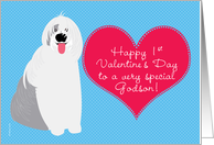 Godson Baby’s First Valentine’s Day with Cute Dog on Blue card