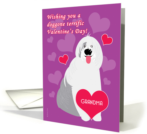 Grandma Valentine's Day Cute Dog Old English Sheepdog Red Hearts card