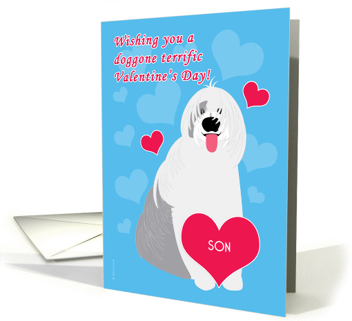 Son Valentine's Day Cute Dog Old English Sheepdog Red Hearts card