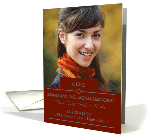 High School Graduation Custom Photo Announcements Red Art Deco card