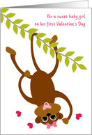 Baby Girl First Valentine’s Day Monkey on Swinging Vine Valentine card