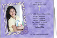 Quinceanera Photo Invitation Purple Cross Flowers Butterflies Zebra card