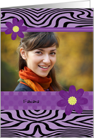 Quinceanera Photo Invitation Modern Zebra Print and Purple Flowers card