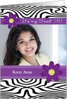 Sweet 16 Birthday Party Photo Card Invitation Zebra Print Purple Daisy card