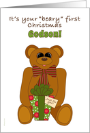 Godson First Christmas with Teddy Bear Holding Present card