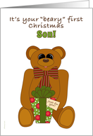 Son First Christmas with Teddy Bear Holding Present card